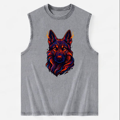 Alert German Shepherd with cyber circuit patterns in the fur, neon orange and - Vintage Washed Tank - Grey