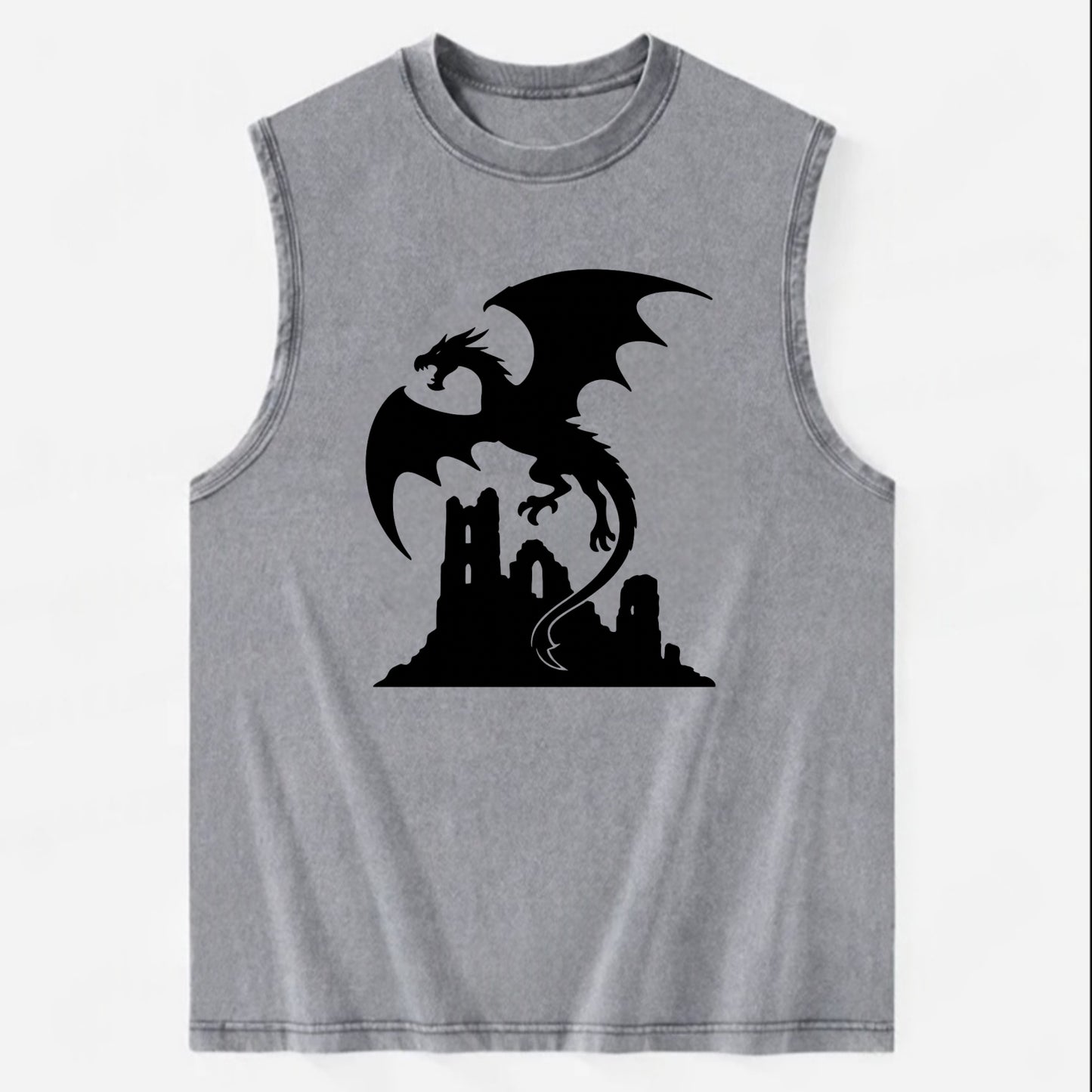Dragon flying over castle ruins - Vintage Washed Tank - Grey