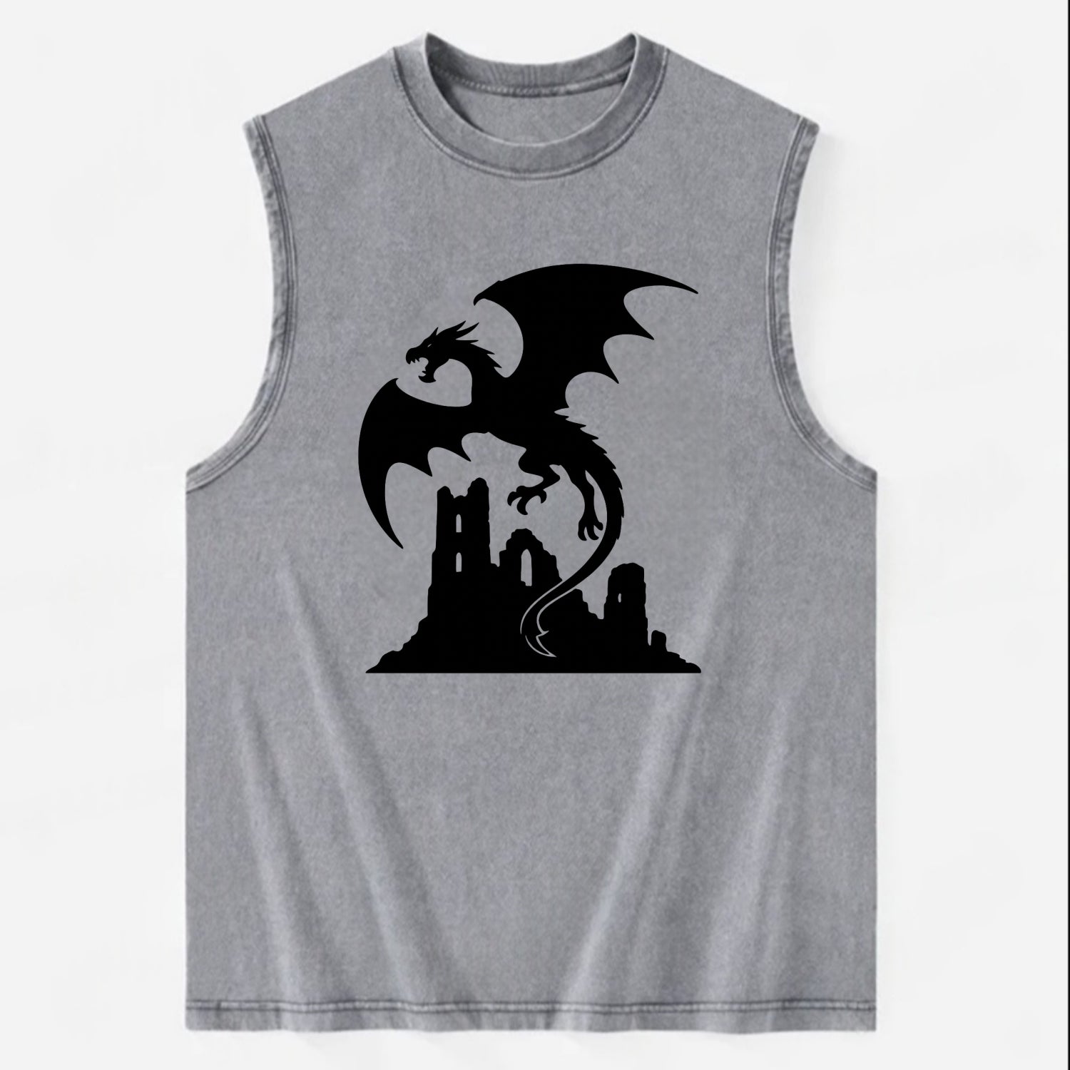 Dragon flying over castle ruins - Vintage Washed Tank - Grey