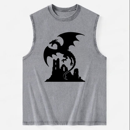 Dragon flying over castle ruins - Vintage Washed Tank - Grey