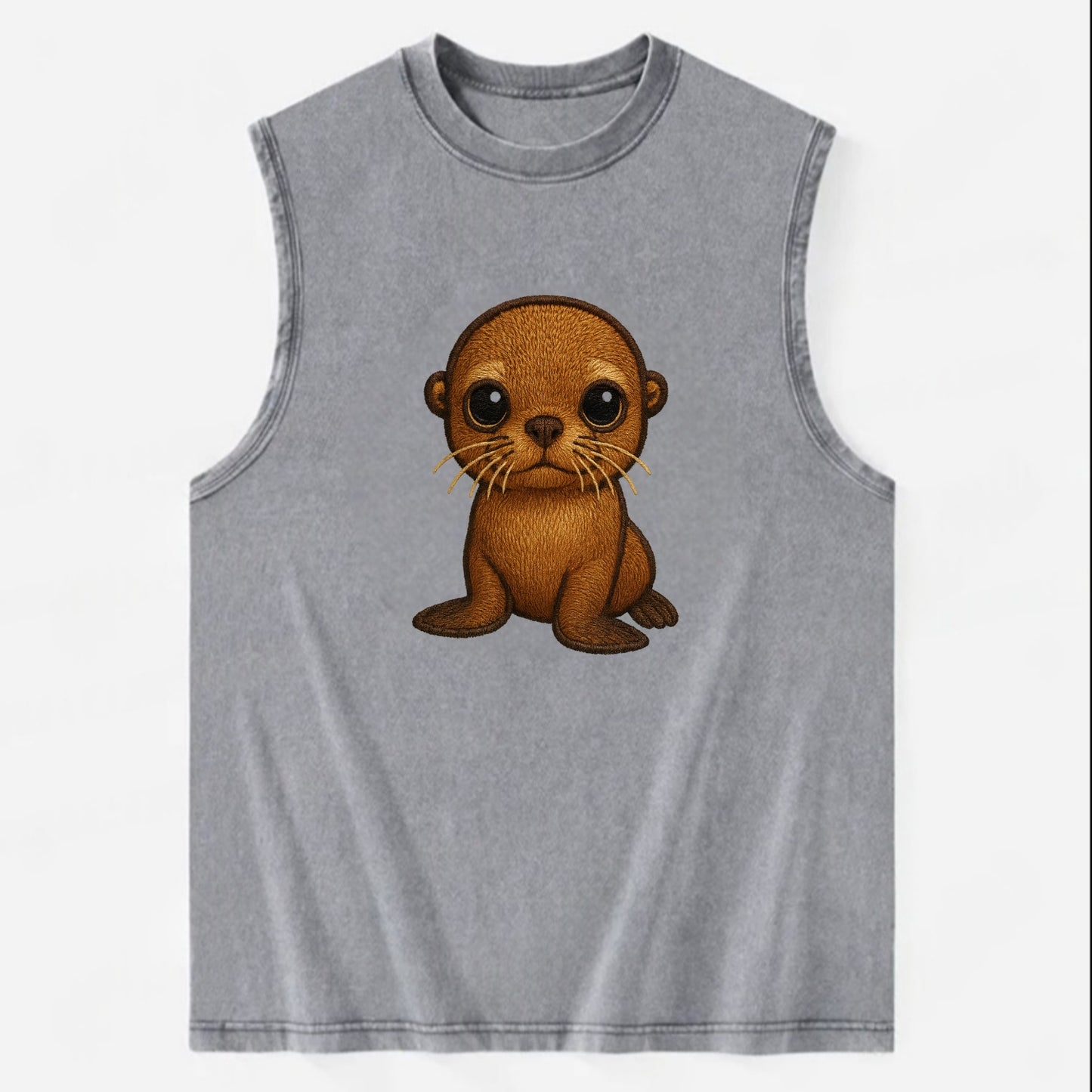 Baby California Sea Lion - golden brown, large expressive eyes, whiskers, - Vintage Washed Tank - Grey