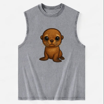 Baby California Sea Lion - golden brown, large expressive eyes, whiskers, - Vintage Washed Tank - Grey