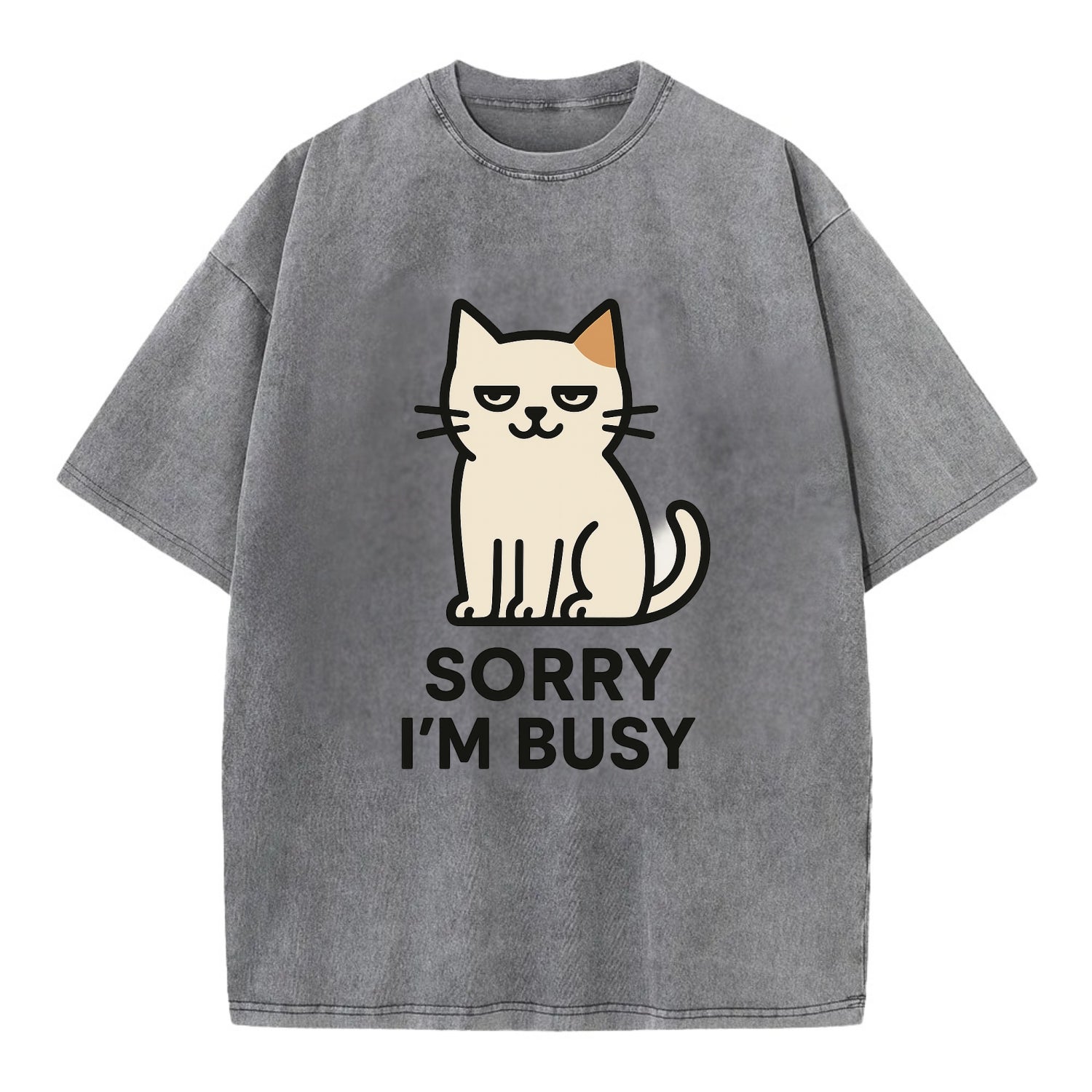 Cat sitting alone looking content - "SORRY I'M BUSY" - not sorry at all - Vintage T-shirt - Grey