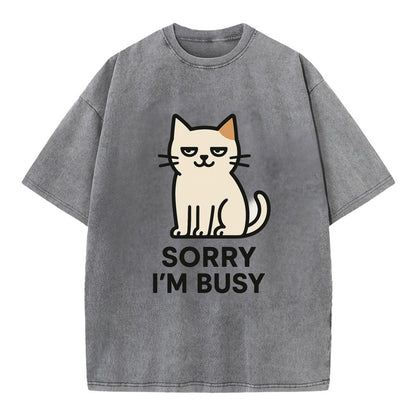 Cat sitting alone looking content - "SORRY I'M BUSY" - not sorry at all - Vintage T-shirt - Grey