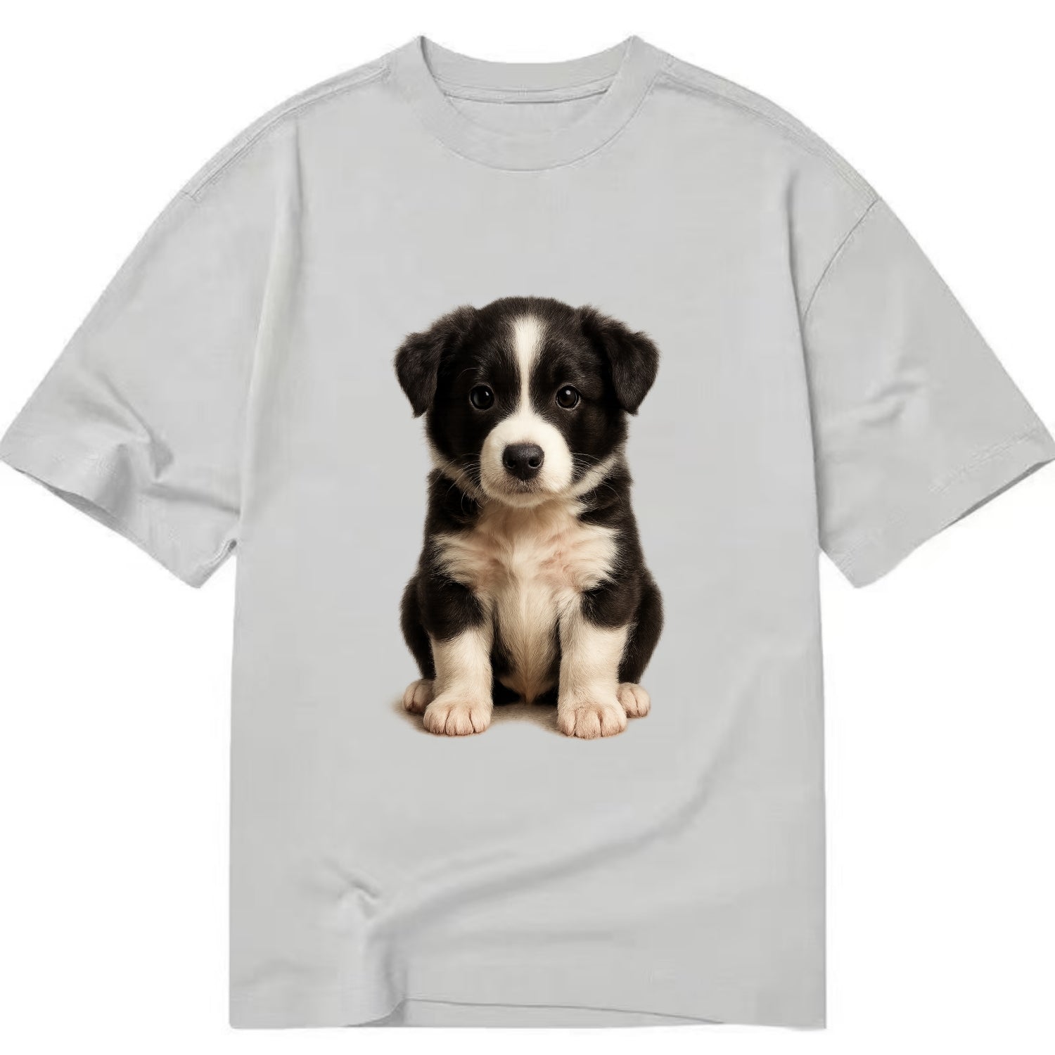 Baby Border Collie Puppy - black and white, intense smart eyes, athletic build, - Classic T-shirt - Grey