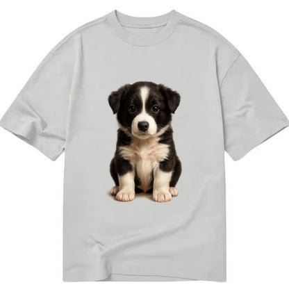 Baby Border Collie Puppy - black and white, intense smart eyes, athletic build, - Classic T-shirt - Grey