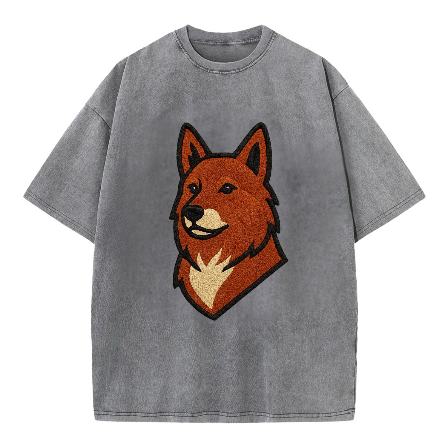 Finnish Spitz - Fox-red pointed ears embroidered pose - Vintage T-shirt - Grey