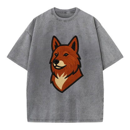 Finnish Spitz - Fox-red pointed ears embroidered pose - Vintage T-shirt - Grey