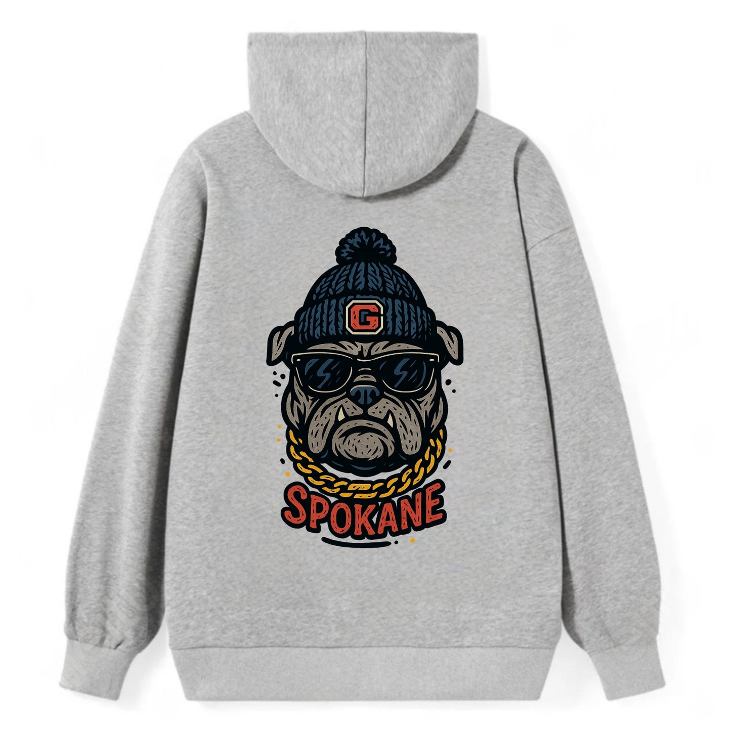 Spokane Bulldog wearing Gonzaga beanie with G patch - Classic Pullover Hoodie - Grey