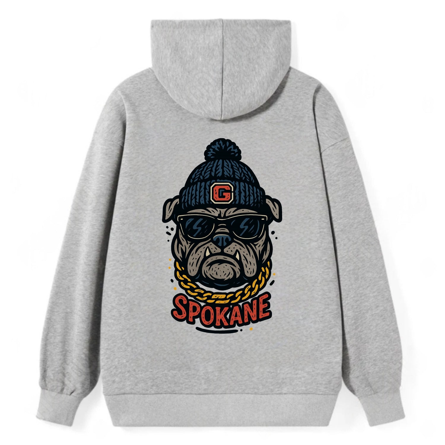 Spokane Bulldog wearing Gonzaga beanie with G patch - Classic Pullover Hoodie - Grey