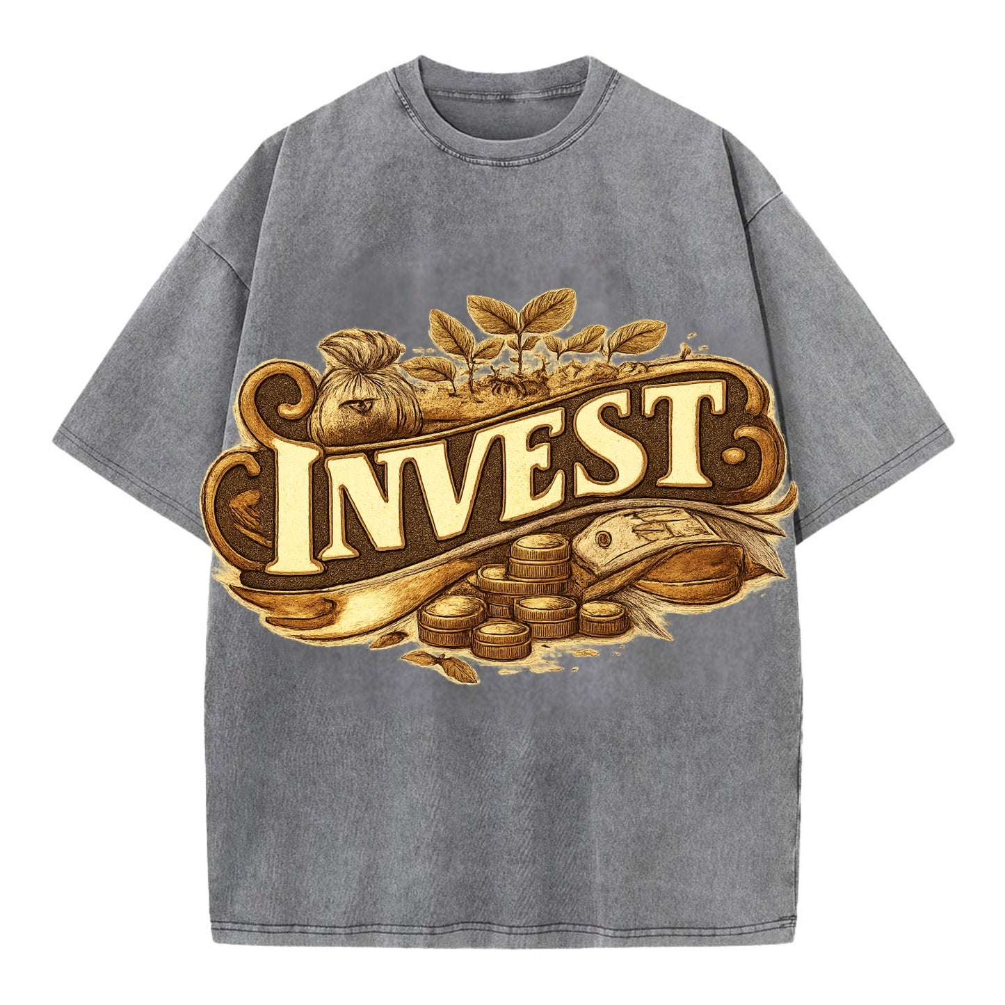 Bold typography design - "INVEST" - growing money, smart decisions - Vintage T-shirt - Grey