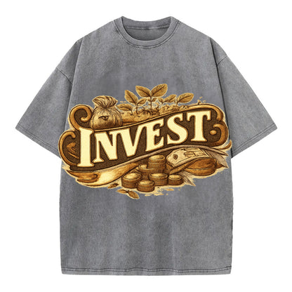 Bold typography design - "INVEST" - growing money, smart decisions - Vintage T-shirt - Grey