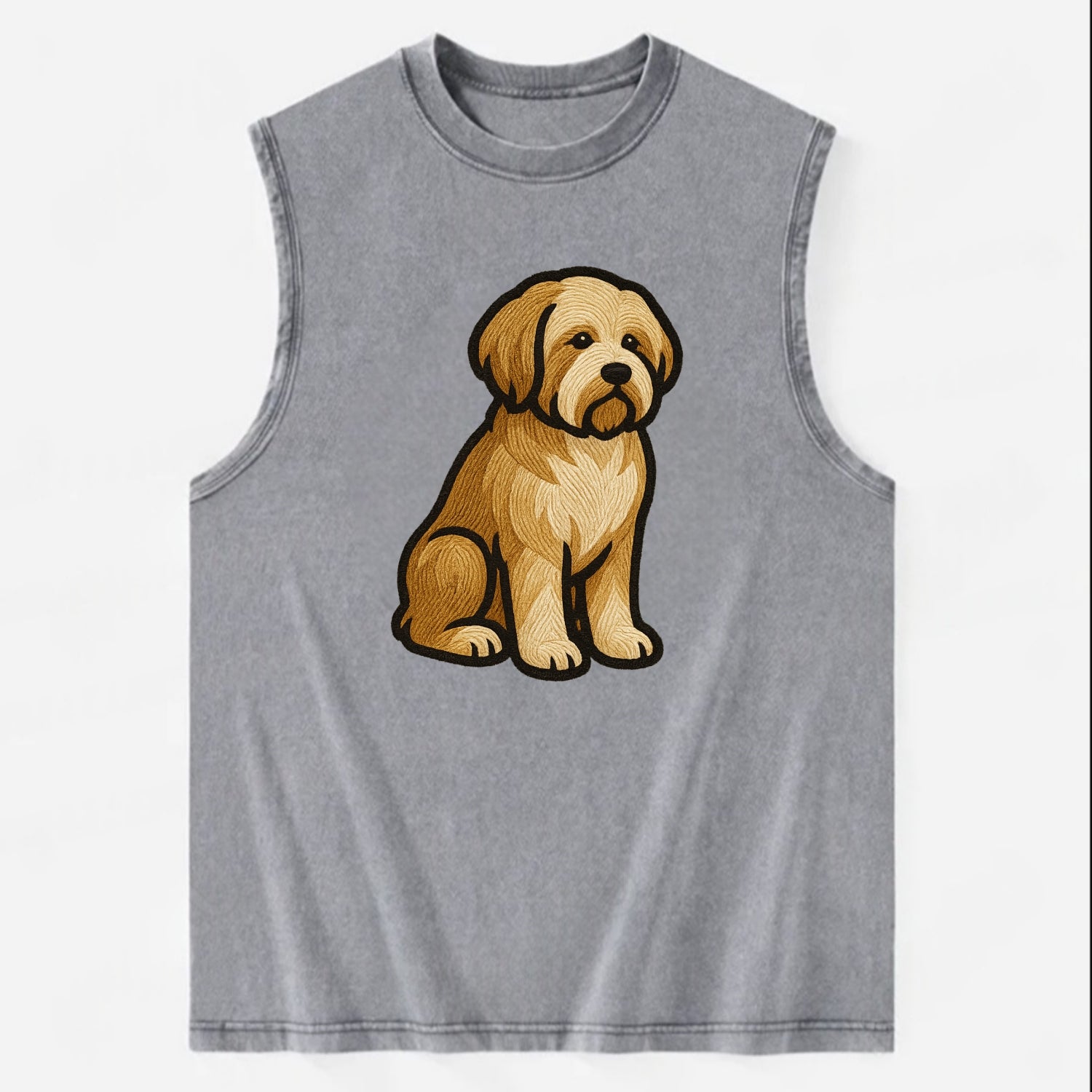 Tibetan Terrier - Gold and white embroidered sitting pose - Vintage Washed Tank - Grey
