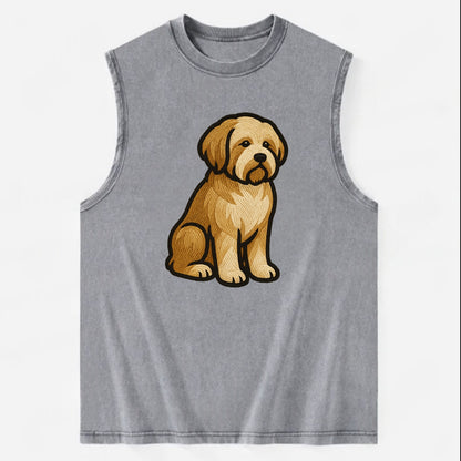 Tibetan Terrier - Gold and white embroidered sitting pose - Vintage Washed Tank - Grey