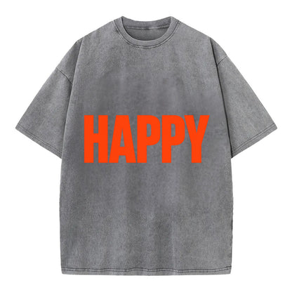 Bold typography design - "HAPPY" - joyful, content, pleased - Vintage T-shirt - Grey