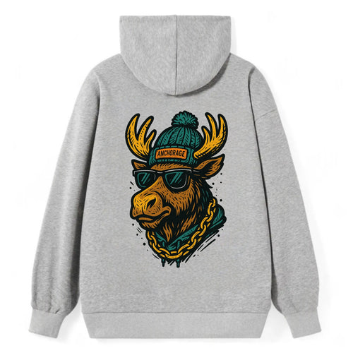 Alaska Moose wearing Anchorage beanie with pom pom and wayfarer sunglasses - Classic Pullover Hoodie