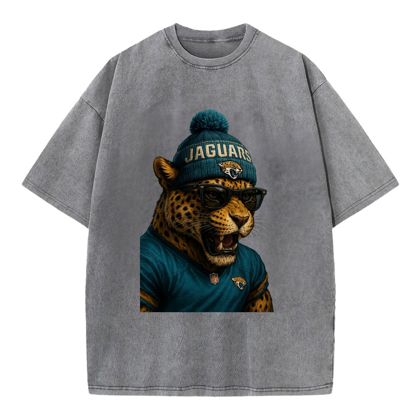 Jacksonville Jaguar wearing Jaguars teal and gold beanie with pom pom and - Vintage T-shirt - Grey