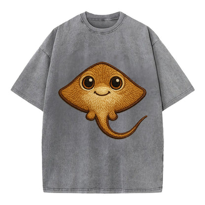 Baby Stingray - flat body, long tail, eyes on top, front-facing, friendly - Vintage T-shirt - Grey