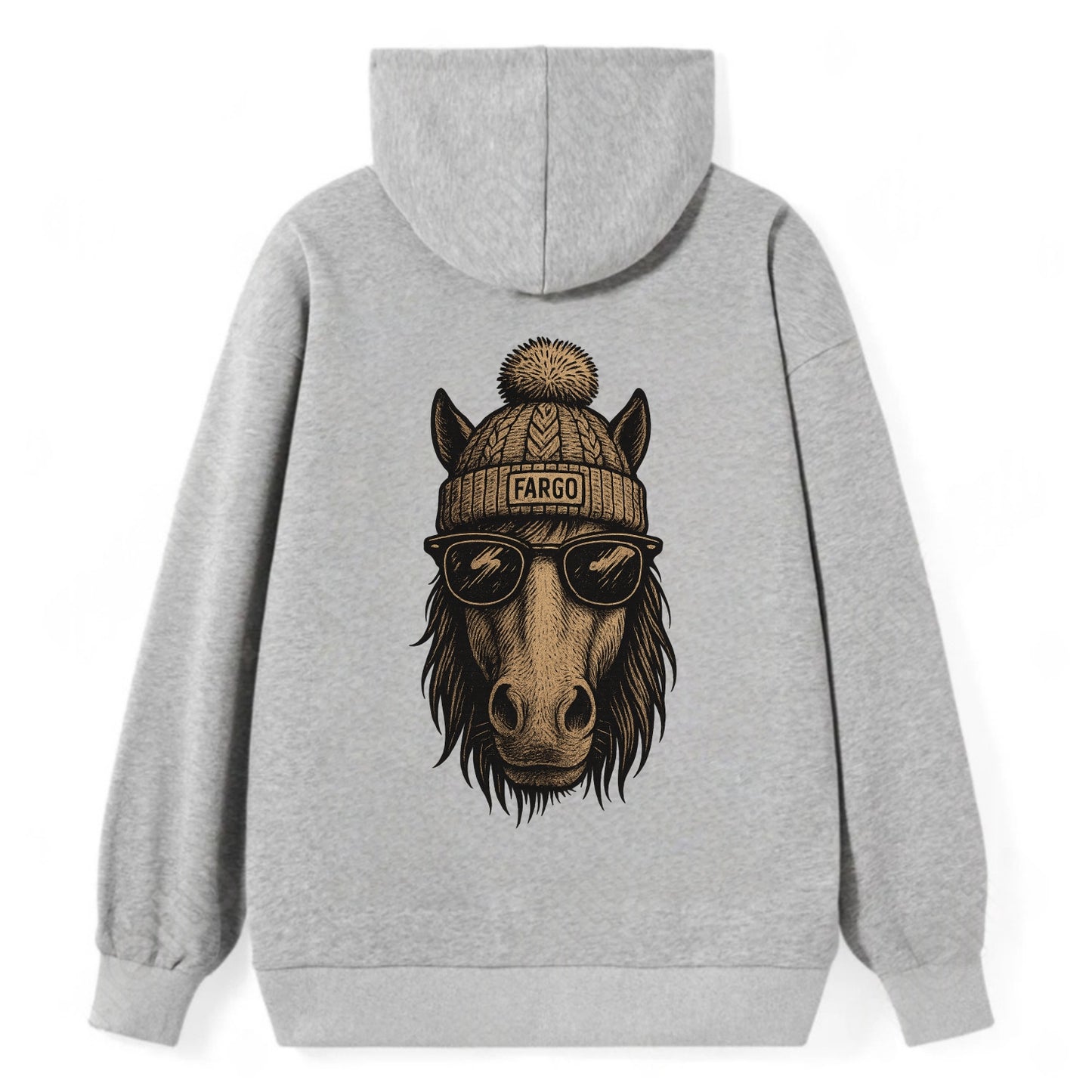 North Dakota Nokota Horse wearing Fargo beanie with pom pom and wayfarer - Classic Pullover Hoodie - Grey
