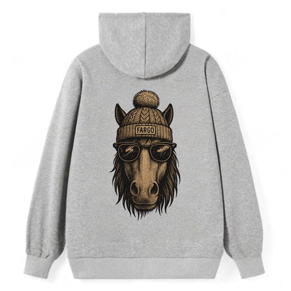 North Dakota Nokota Horse wearing Fargo beanie with pom pom and wayfarer - Classic Pullover Hoodie - Grey