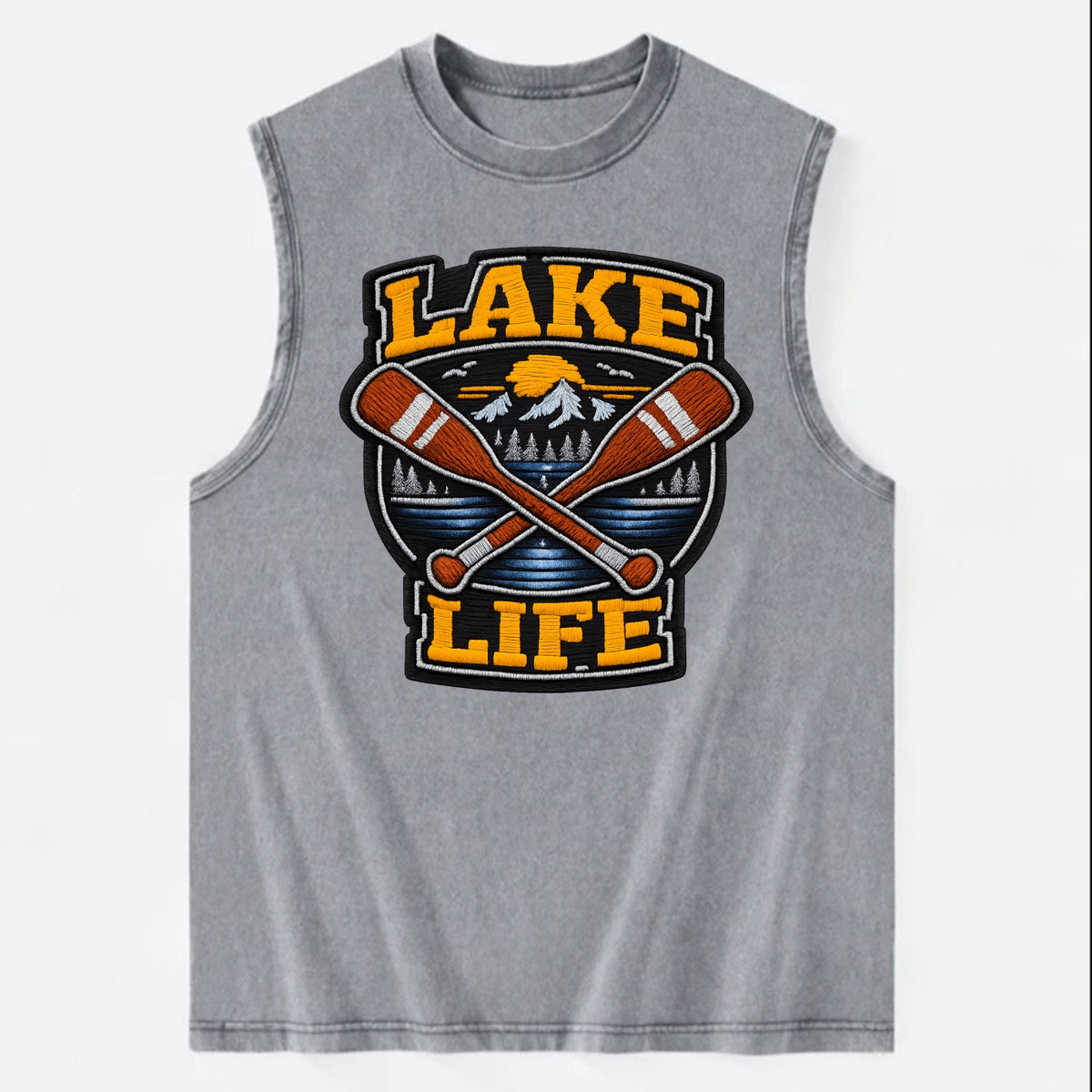 CANOE PADDLE - wooden paddle crossed in brown and cream , lake life - Vintage Washed Tank - Grey