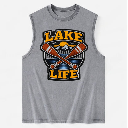 CANOE PADDLE - wooden paddle crossed in brown and cream , lake life - Vintage Washed Tank - Grey
