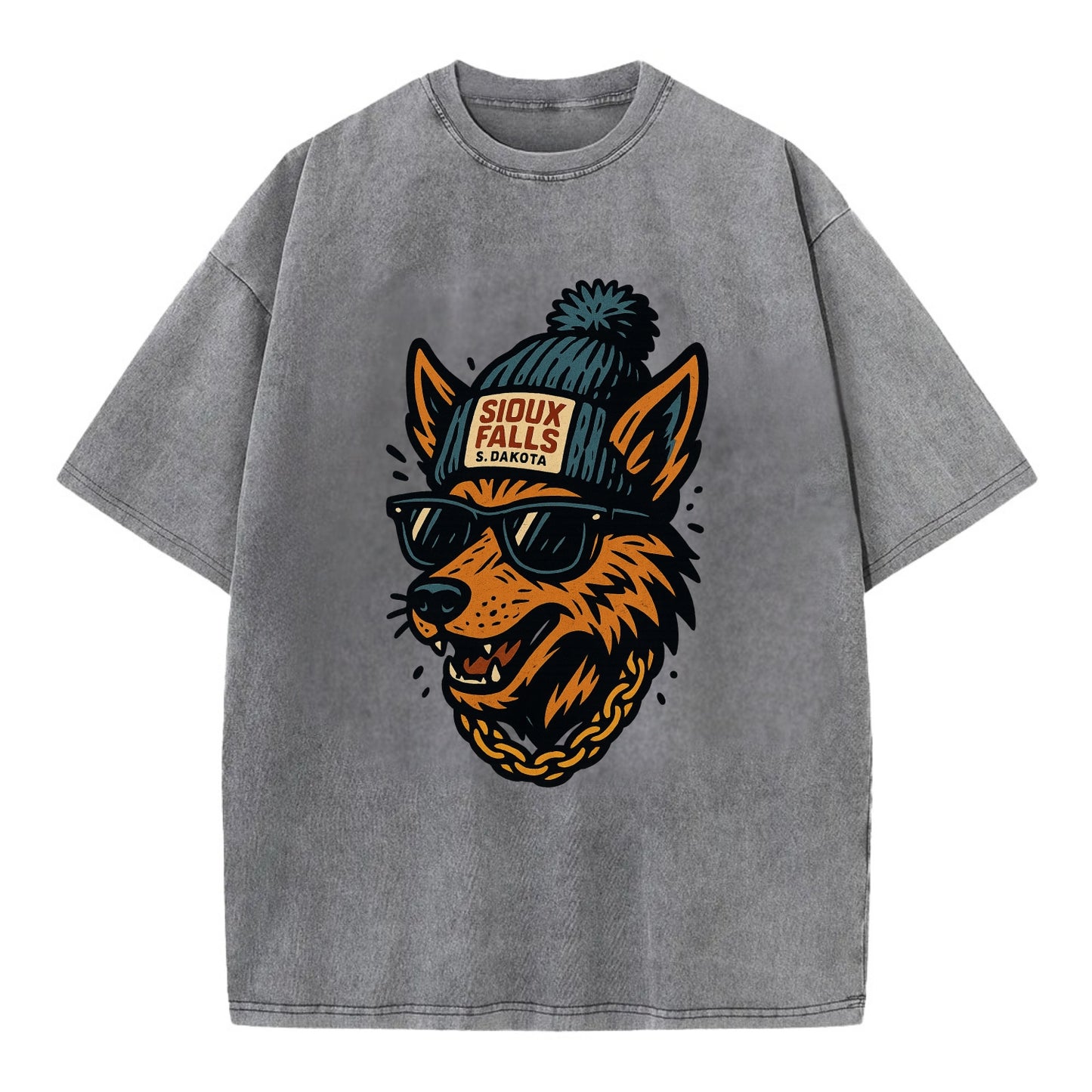 South Dakota Coyote wearing Sioux Falls beanie with pom pom and wayfarer - Vintage T-shirt - Grey