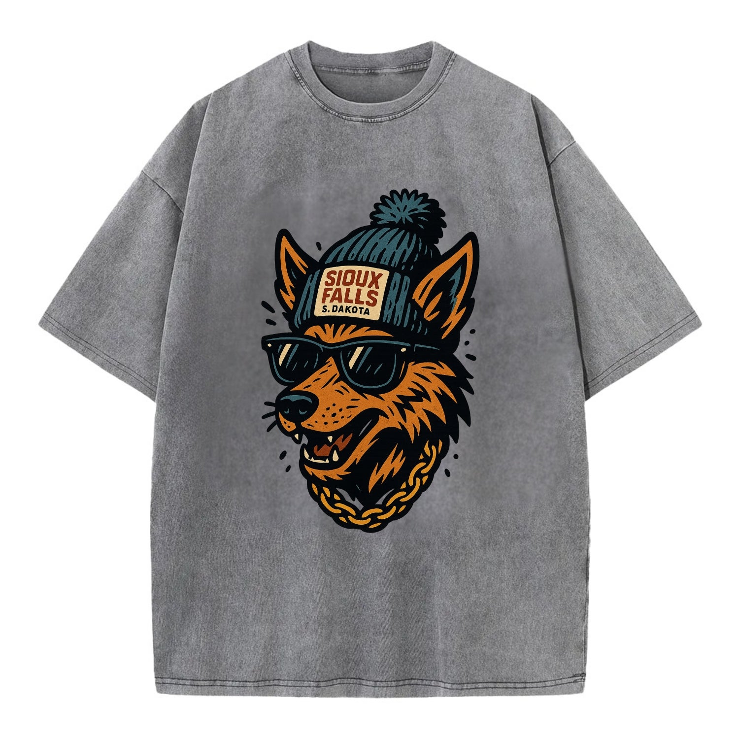 South Dakota Coyote wearing Sioux Falls beanie with pom pom and wayfarer - Vintage T-shirt - Grey