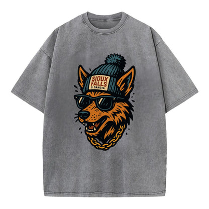 South Dakota Coyote wearing Sioux Falls beanie with pom pom and wayfarer - Vintage T-shirt - Grey