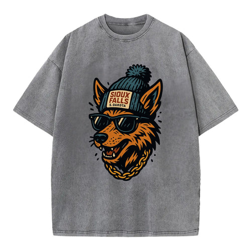 South Dakota Coyote wearing Sioux Falls beanie with pom pom and wayfarer - Vintage T-shirt