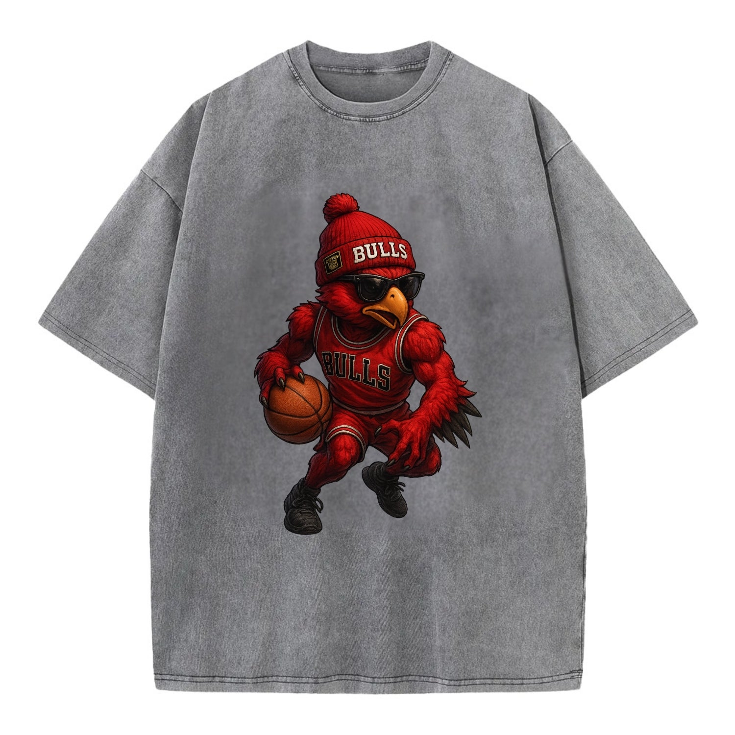 Windy City Hawk wearing Bulls beanie with six rings patch and wayfarer sunglasses - Vintage T-shirt - Grey