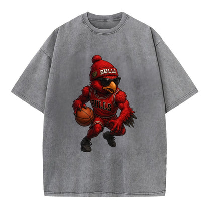 Windy City Hawk wearing Bulls beanie with six rings patch and wayfarer sunglasses - Vintage T-shirt - Grey