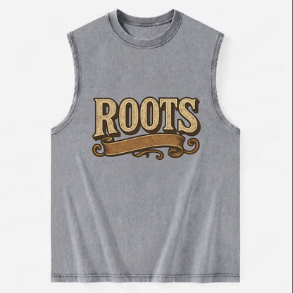 Bold typography design - "ROOTS" - where you come from, heritage - Vintage Washed Tank - Grey