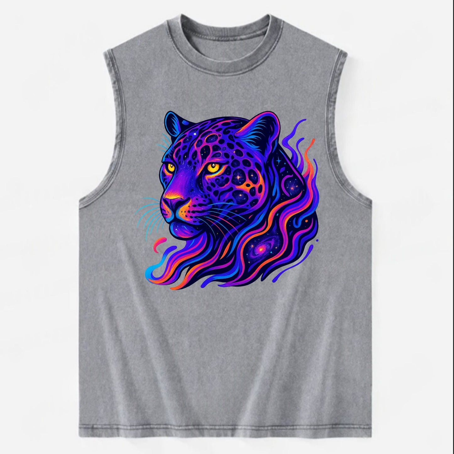 Powerful jaguar with rosettes containing miniature galaxies, cosmic purple - Vintage Washed Tank - Grey