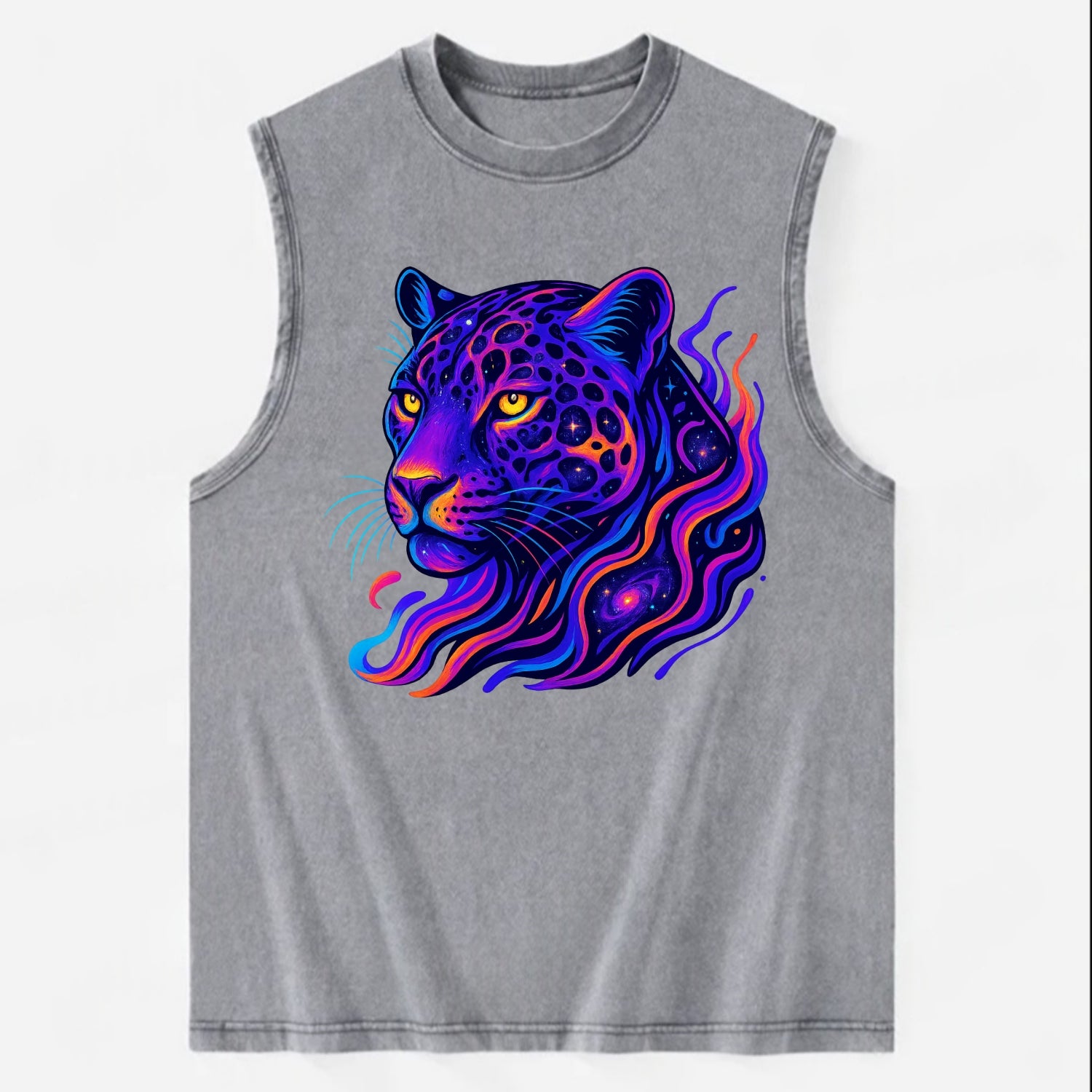 Powerful jaguar with rosettes containing miniature galaxies, cosmic purple - Vintage Washed Tank - Grey