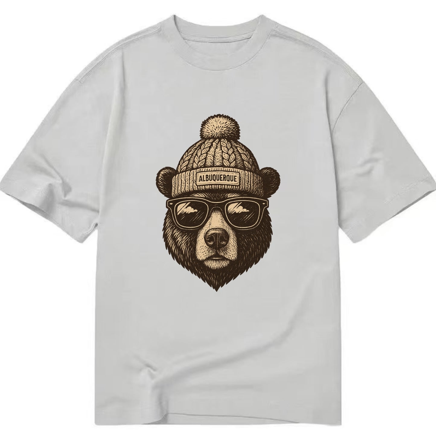 New Mexico Black Bear wearing Albuquerque beanie with pom pom and wayfarer - Classic T-shirt - Grey