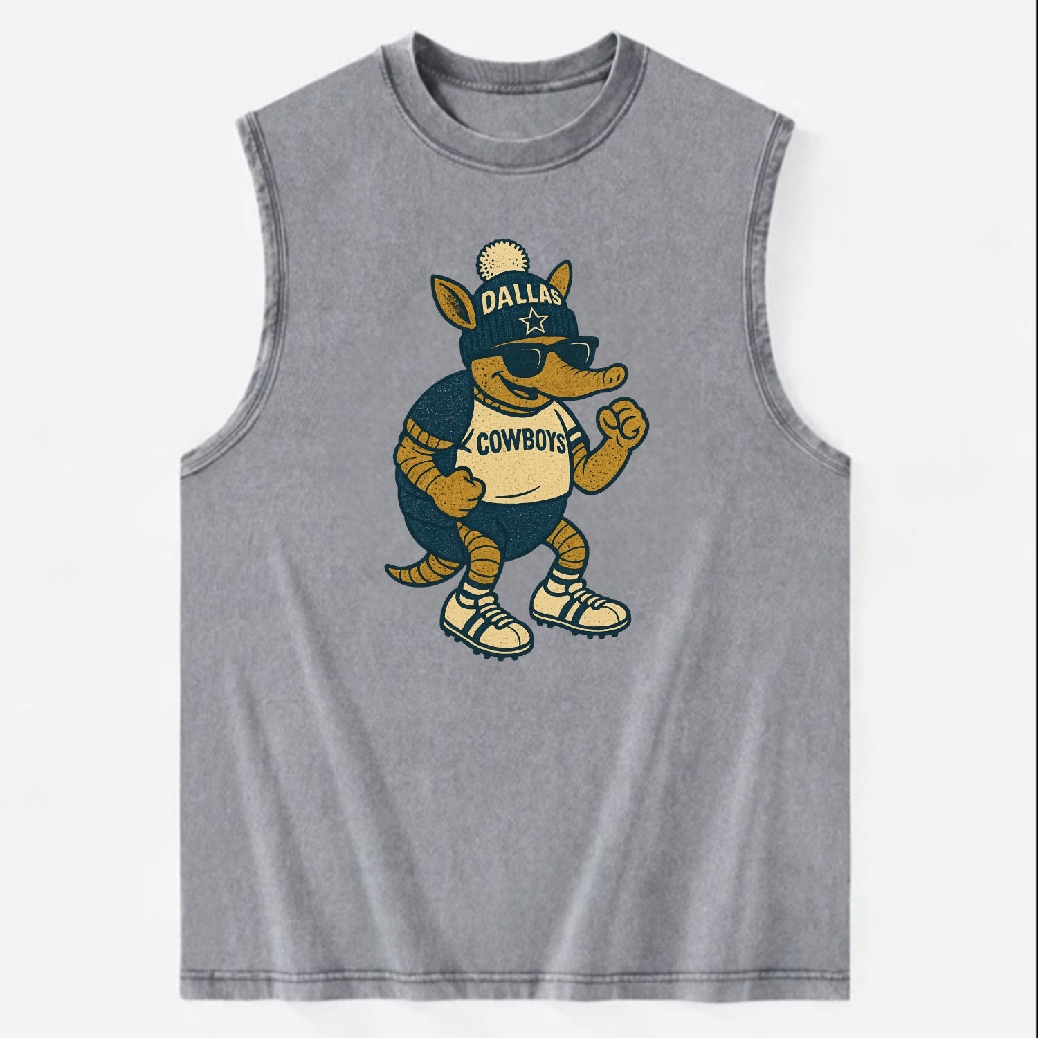 Dallas Armadillo wearing Cowboys beanie with lone star patch and wayfarer - Vintage Washed Tank - Grey