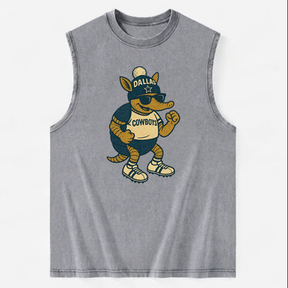 Dallas Armadillo wearing Cowboys beanie with lone star patch and wayfarer - Vintage Washed Tank - Grey