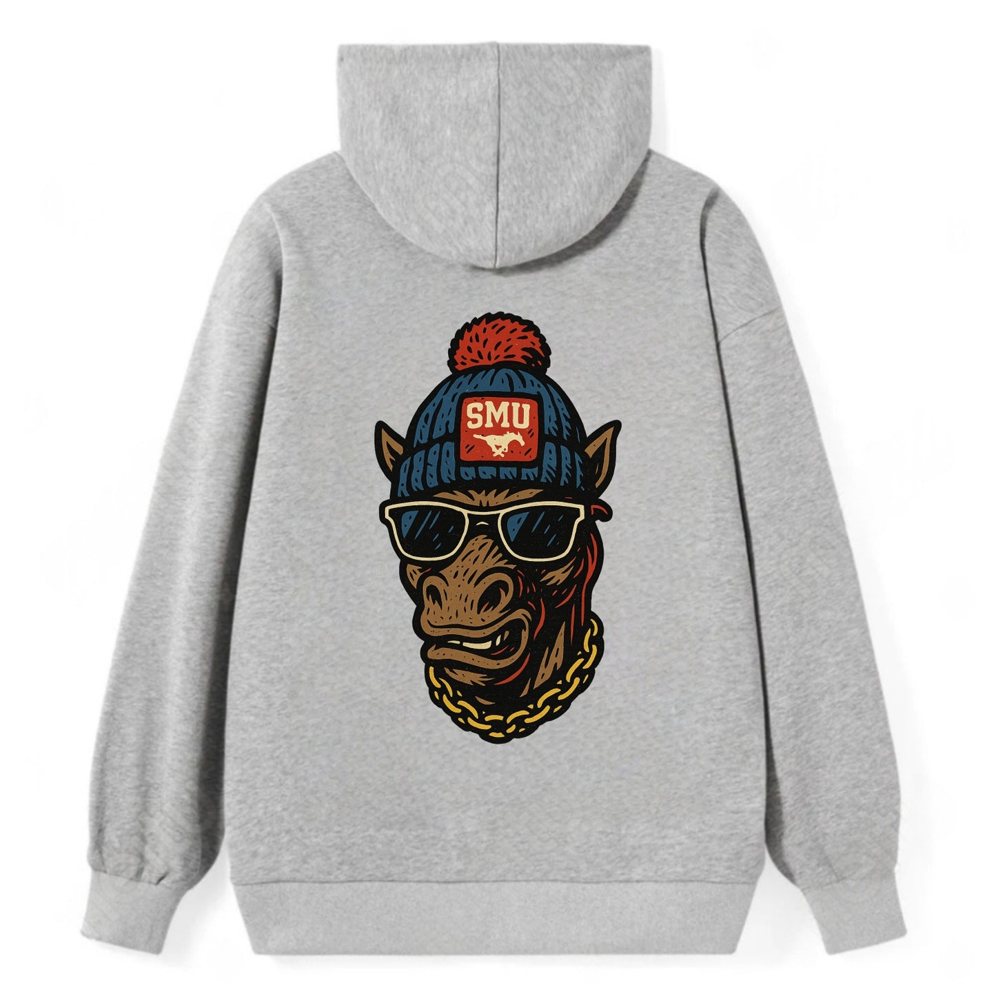 Dallas Mustang wearing SMU beanie with pony patch - Classic Pullover Hoodie - Grey