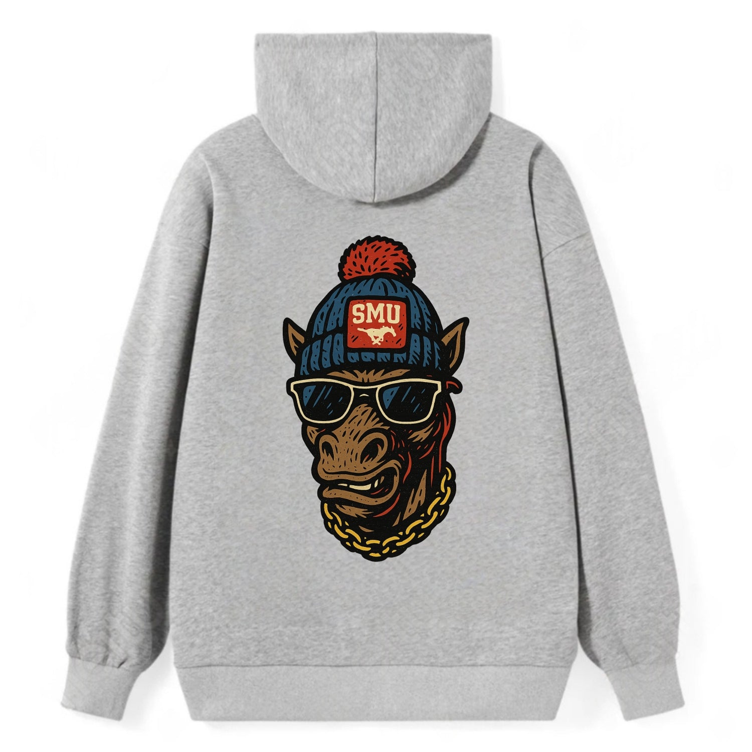 Dallas Mustang wearing SMU beanie with pony patch - Classic Pullover Hoodie - Grey