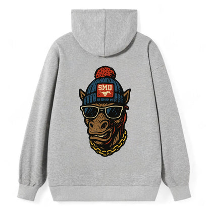 Dallas Mustang wearing SMU beanie with pony patch - Classic Pullover Hoodie - Grey