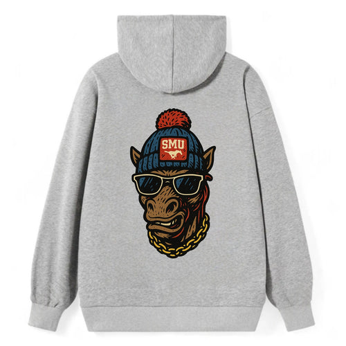 Dallas Mustang wearing SMU beanie with pony patch - Classic Pullover Hoodie