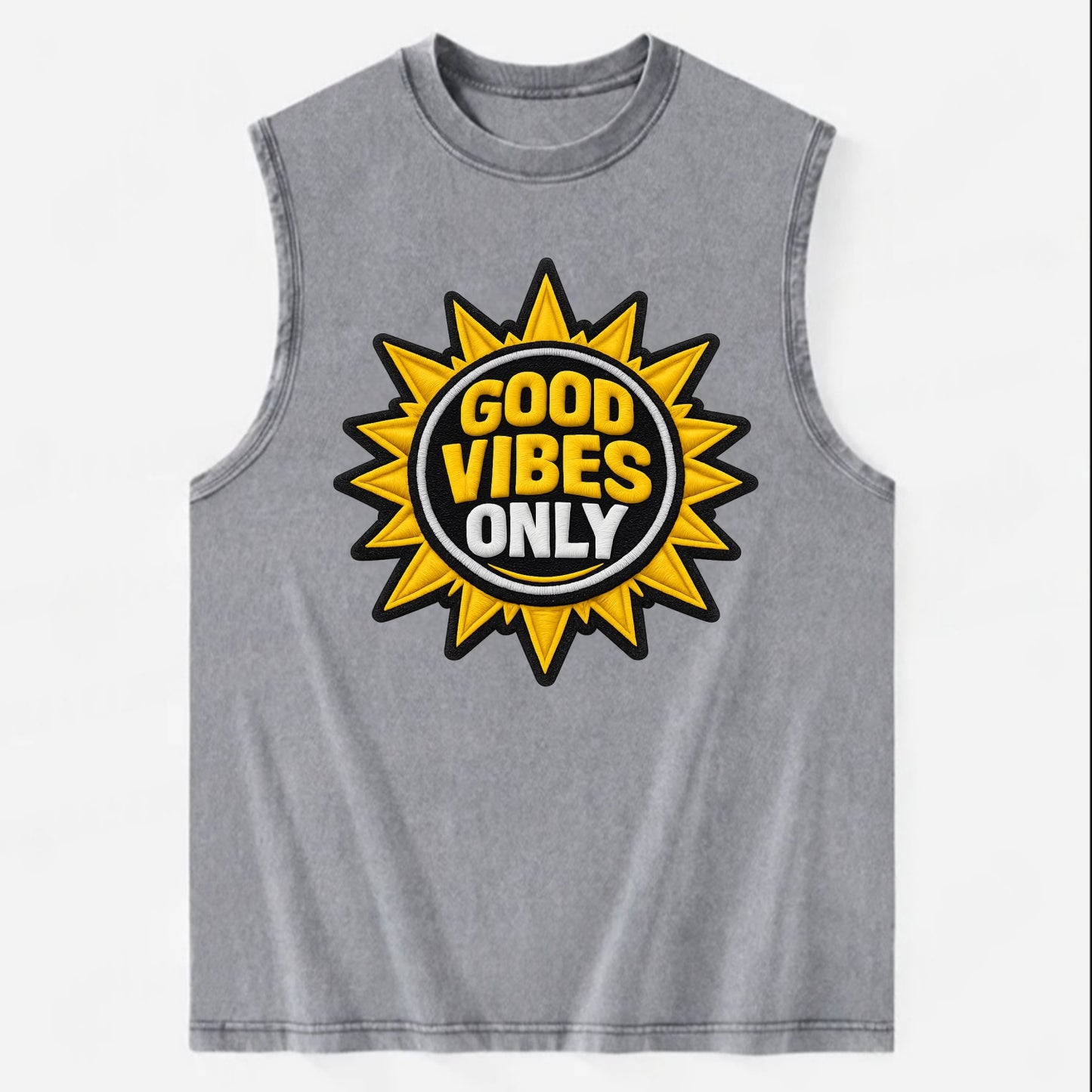 GOOD VIBES ONLY - sun with text in yellow , positive energy - Vintage Washed Tank - Grey