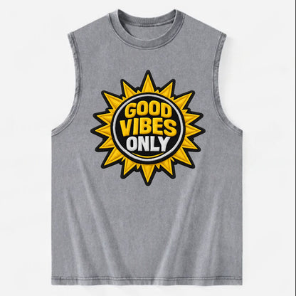 GOOD VIBES ONLY - sun with text in yellow , positive energy - Vintage Washed Tank - Grey
