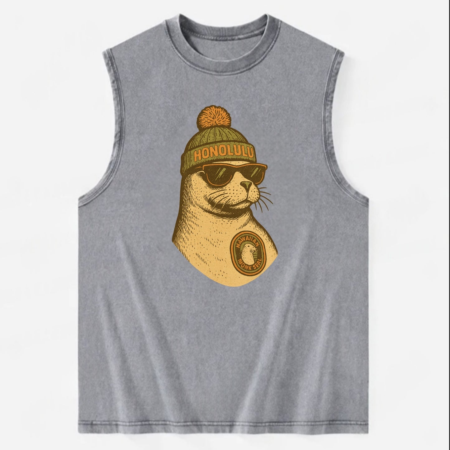 Hawaii Monk Seal wearing Honolulu beanie with pom pom and wayfarer sunglasses - Vintage Washed Tank - Grey