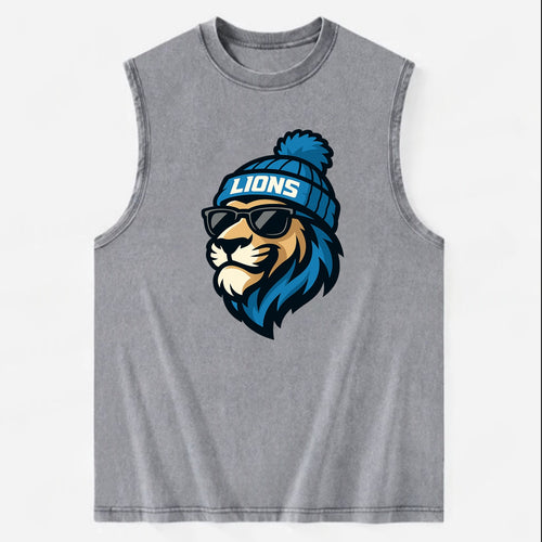 Detroit Lion wearing Lions Honolulu blue and silver beanie with pom pom and - Vintage Washed Tank