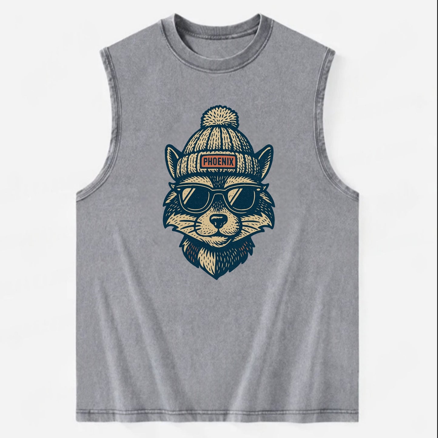 Arizona Ringtail wearing Phoenix beanie with pom pom and wayfarer sunglasses - Vintage Washed Tank - Grey