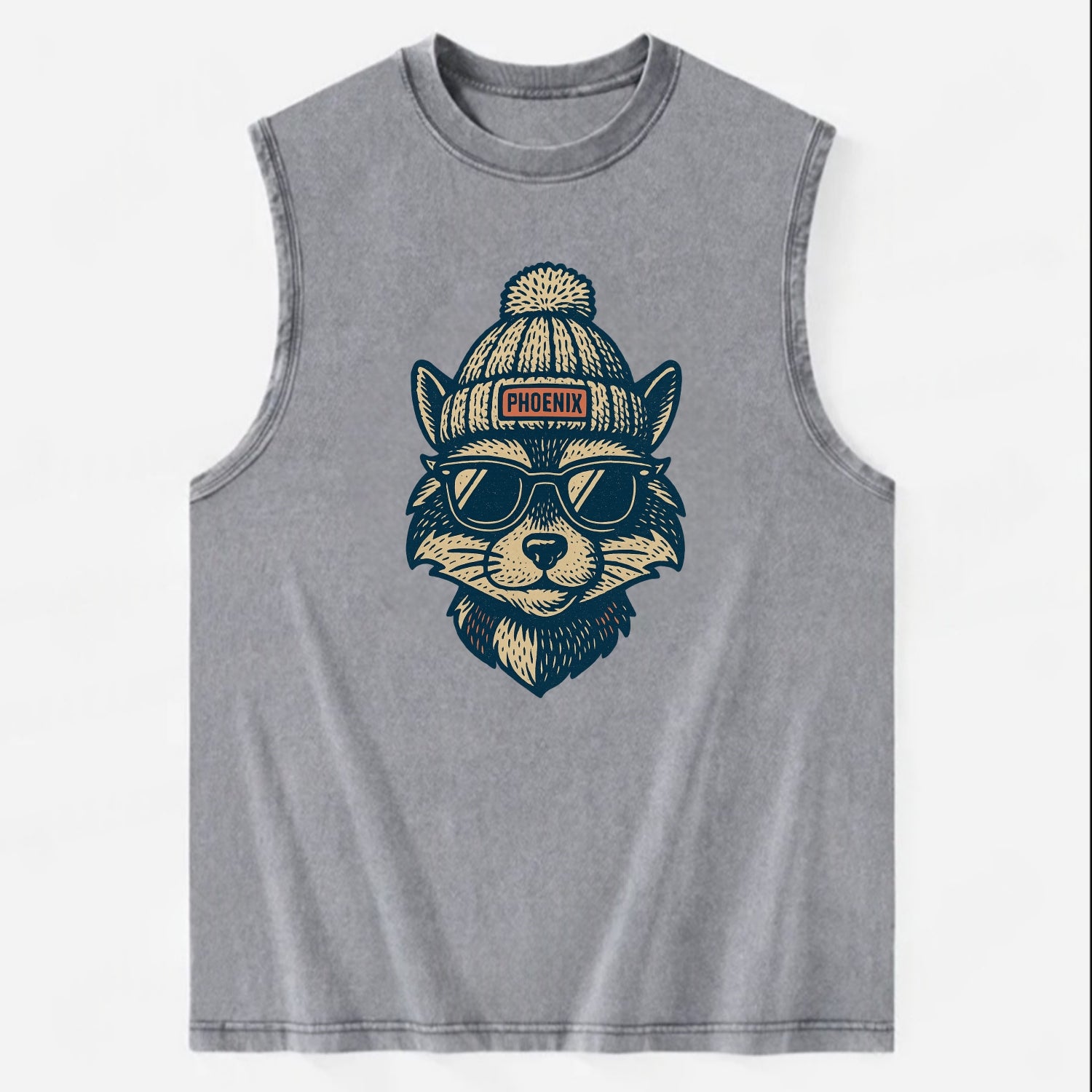Arizona Ringtail wearing Phoenix beanie with pom pom and wayfarer sunglasses - Vintage Washed Tank - Grey