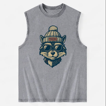 Arizona Ringtail wearing Phoenix beanie with pom pom and wayfarer sunglasses - Vintage Washed Tank - Grey