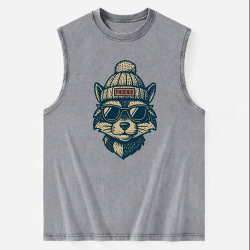 Arizona Ringtail wearing Phoenix beanie with pom pom and wayfarer sunglasses - Vintage Washed Tank